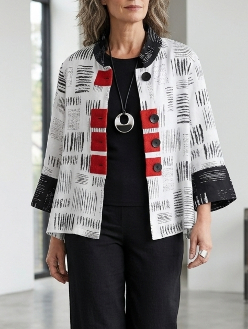 Ali Miles White Black Graphic Print Jacket with Red Accents